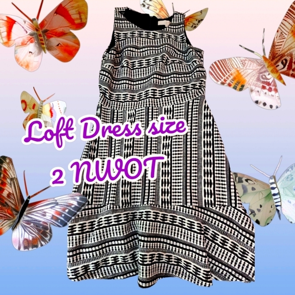 Loft Black/White Fit & Flare Summer Dress, size 2